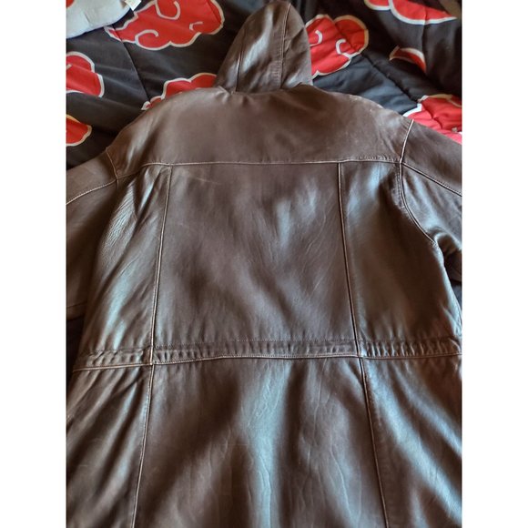 Jacqueline Ferrar Women's Brown Leather Coat with Hood & Tie Waist, Size XL Good - Picture 9 of 14